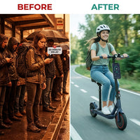 Electric Scooter with Seat, 350W Folding Scooter for Adults & Teens | 5.2Ah / 7.8Ah Battery Option, 8.5" Solid Tires, 19MPH, 21-Miles, Dual Brake, Seated Escooter for Girls, Students and Commuter — Before & After