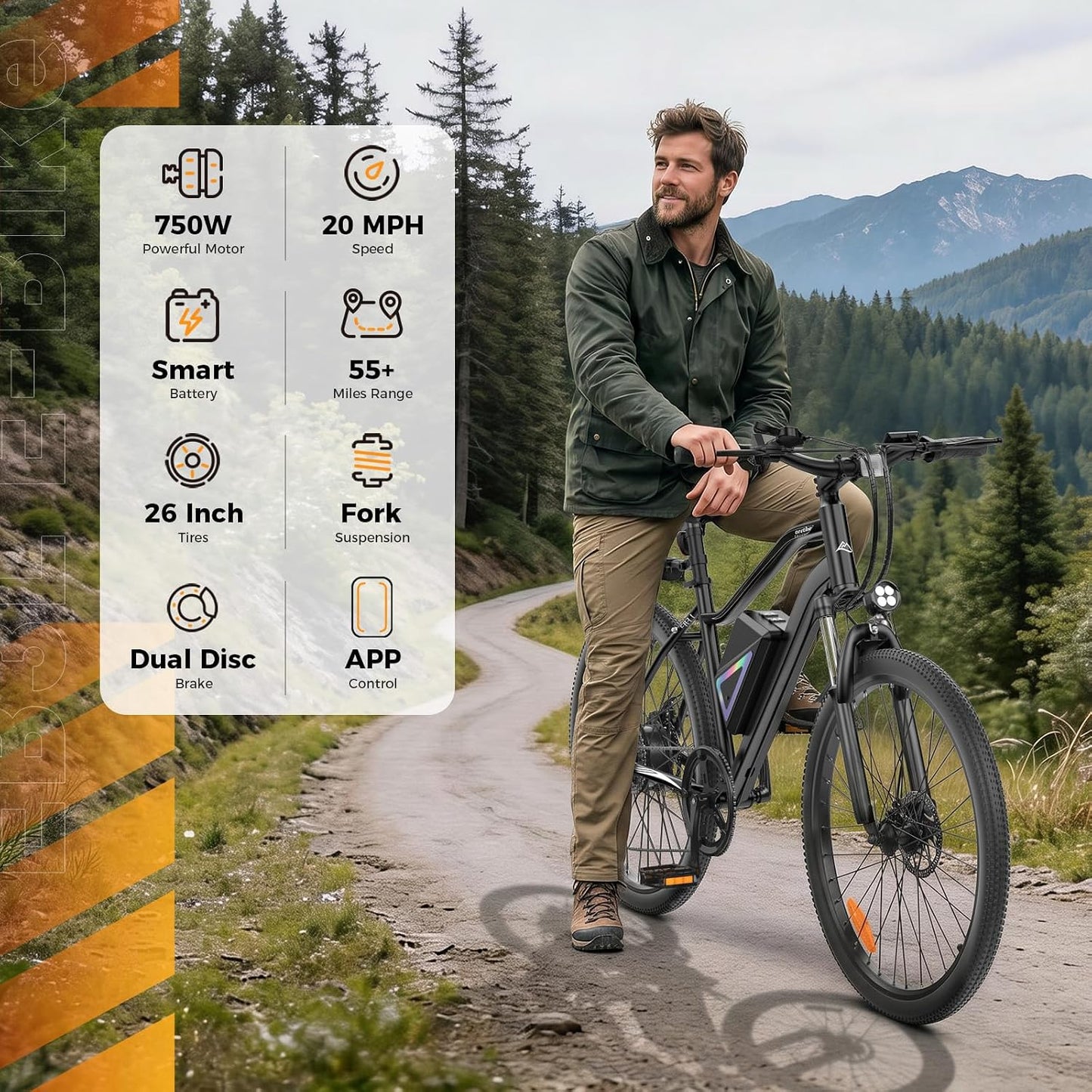 Electric Bike, 1000W/750W Peak Powerful Motor, 70/55 Miles Range & 20MPH Speed, 26'' Tires, APP Control Ebikes, Shock Absorber, Commuting Electric Bike for Adults