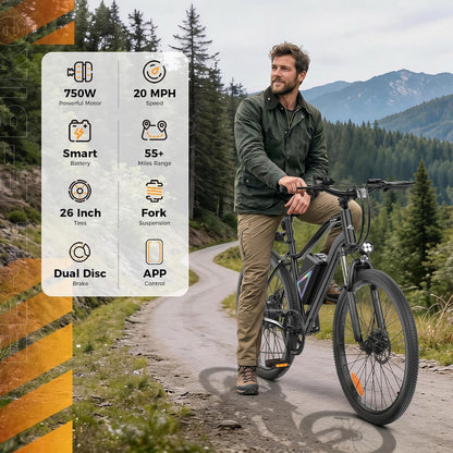 Electric Bike, 1000W/750W Peak Powerful Motor, 70/55 Miles Range & 20MPH Speed, 26'' Tires, APP Control Ebikes, Shock Absorber, Commuting Electric Bike for Adults