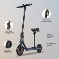 Electric Scooter with Seat, 350W Folding Scooter for Adults & Teens | 5.2Ah / 7.8Ah Battery Option, 8.5" Solid Tires, 19MPH, 21-Miles, Dual Brake, Seated Escooter for Girls, Students and Commuter — infographic