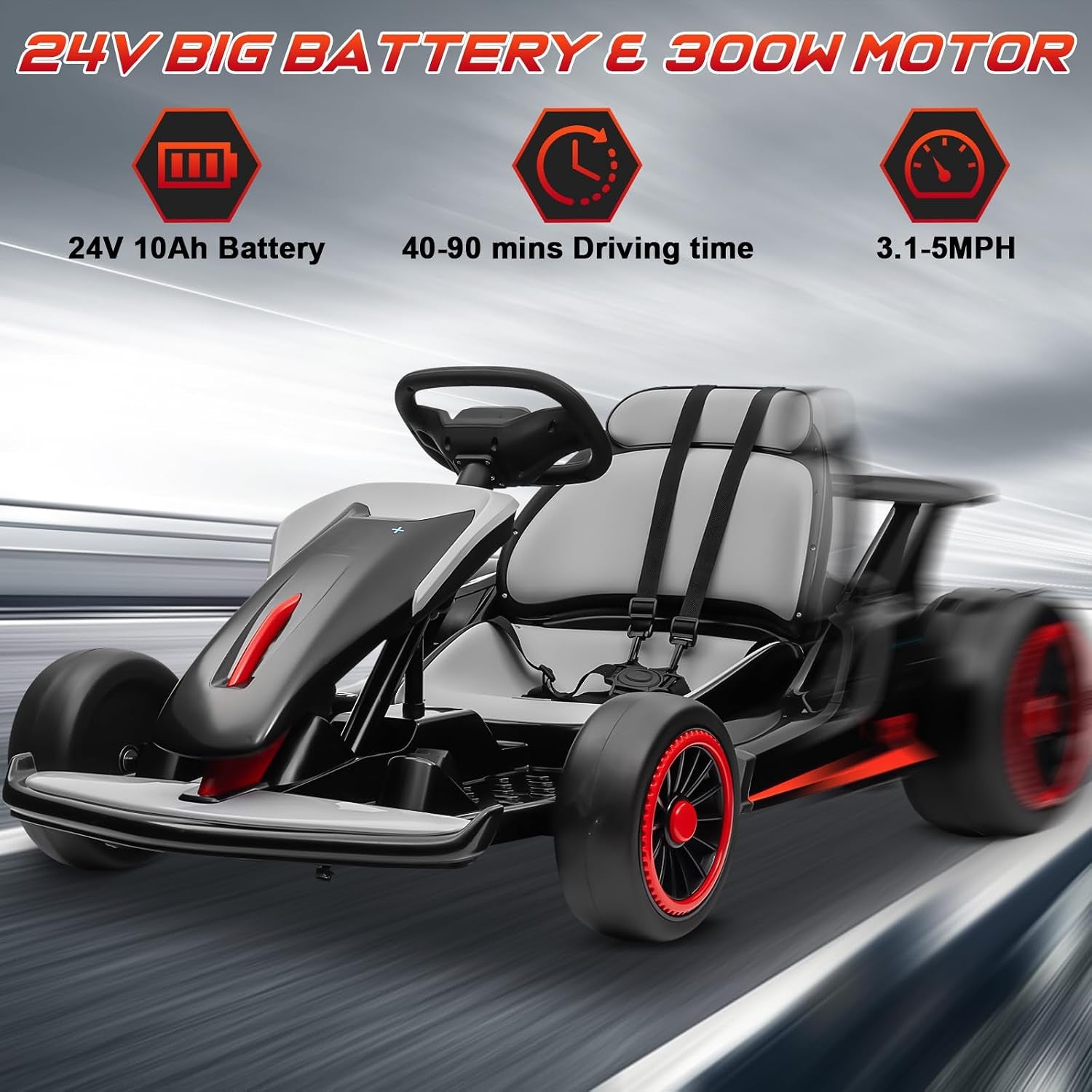 24V Electric Go Kart, Kids Drift Kart with 300W Dual Motors, 8 MPH Max & 110LBS Max Load, Crazy Kart W/Bluetooth Music