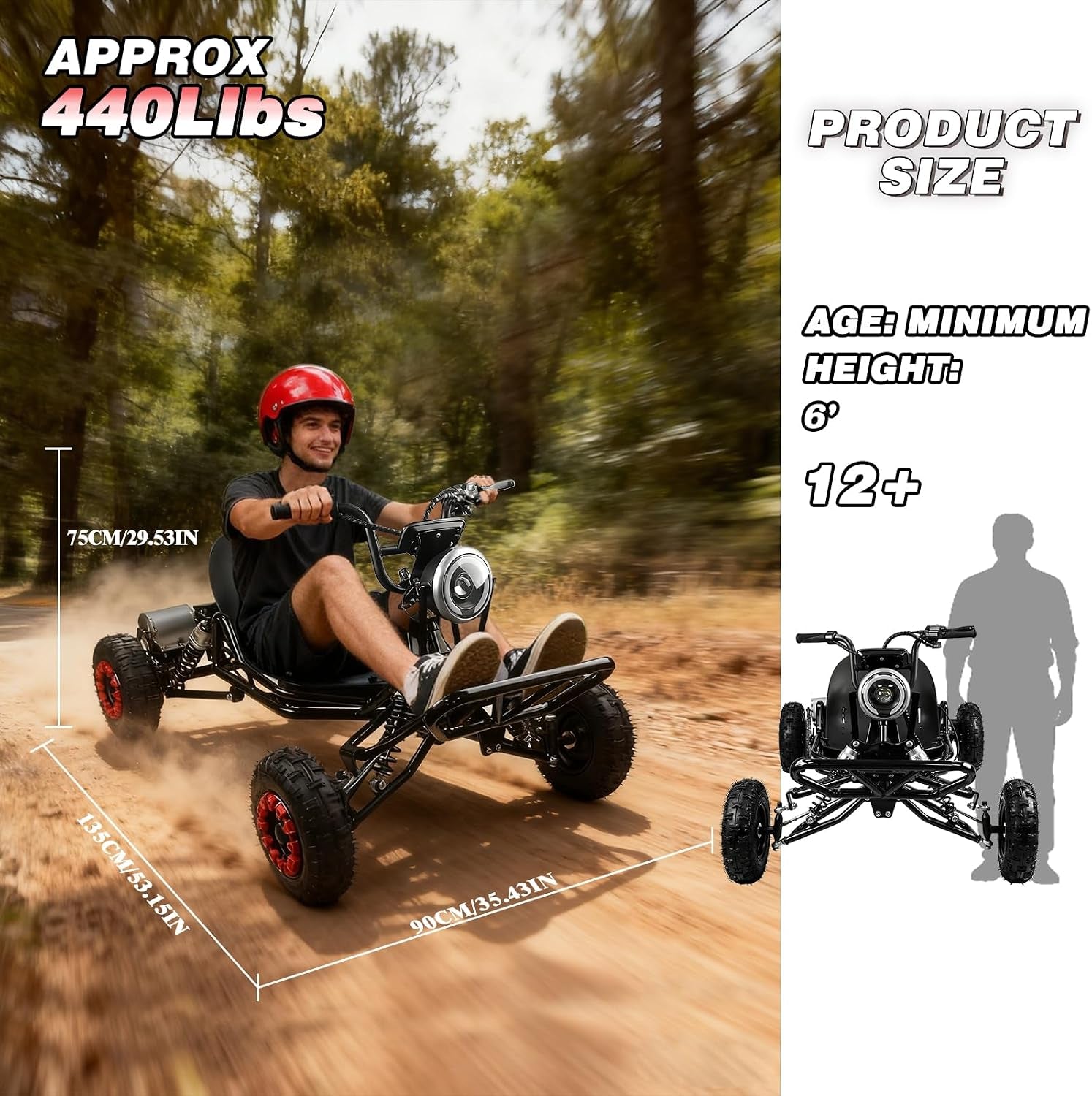 2000W Electric Go Kart for Adults & Kids – Off-Road Karting Machine, 12-25MPH, 6" Alloy Wheels, 10.4Ah (15+ Miles), 440LBS Capacity, Front LED, Charger Included – Black