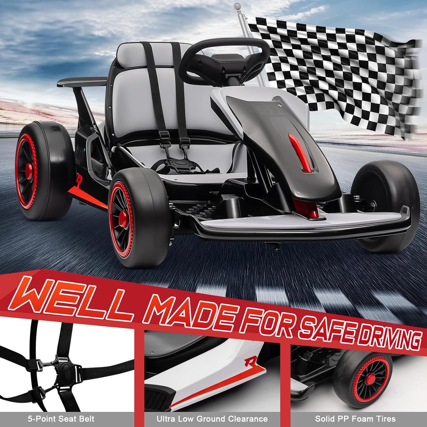 24V Electric Go Kart, Kids Drift Kart with 300W Dual Motors, 8 MPH Max & 110LBS Max Load, Crazy Kart W/Bluetooth Music