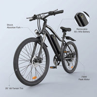 Electric Bike - 750W/1000W Peak Motor Electric Bicycle, 20MPH, 60+ Miles, Removable Battery, Shock Absorber, 5 Speed E Bike, 26” Tire Commuter Electric Bicycle for Adults — infographic