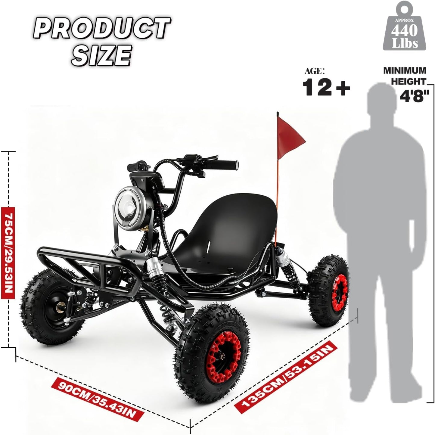2000W Electric Go Kart for Adults & Kids – Off-Road Karting Machine, 12-25MPH, 6" Alloy Wheels, 10.4Ah (15+ Miles), 440LBS Capacity, Front LED, Charger Included – Black