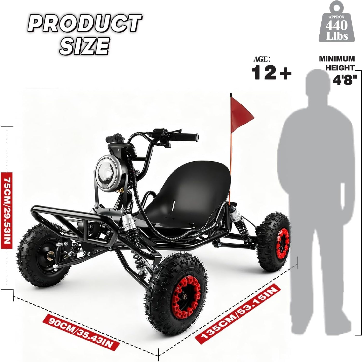 2000W Electric Go Kart for Adults & Kids – Off-Road Karting Machine, 12-25MPH, 6" Alloy Wheels, 10.4Ah (15+ Miles), 440LBS Capacity, Front LED, Charger Included – Black