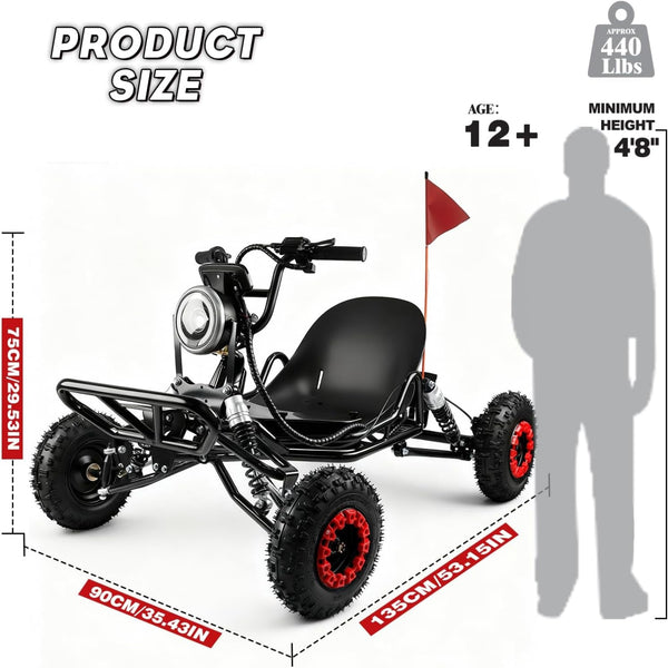 2000W Electric Go Kart for Adults & Kids – Off-Road Karting Machine, 12-25MPH, 6" Alloy Wheels, 10.4Ah (15+ Miles), 440LBS Capacity, Front LED, Charger Included – Black